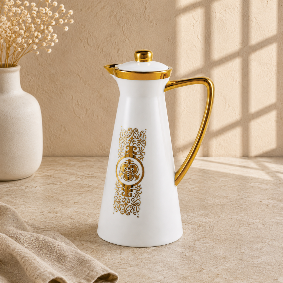 Gold Detaylı Otantik Desenli Porselen Yağlık Yağdanlık Sofralık Zeytinyağı Servislik