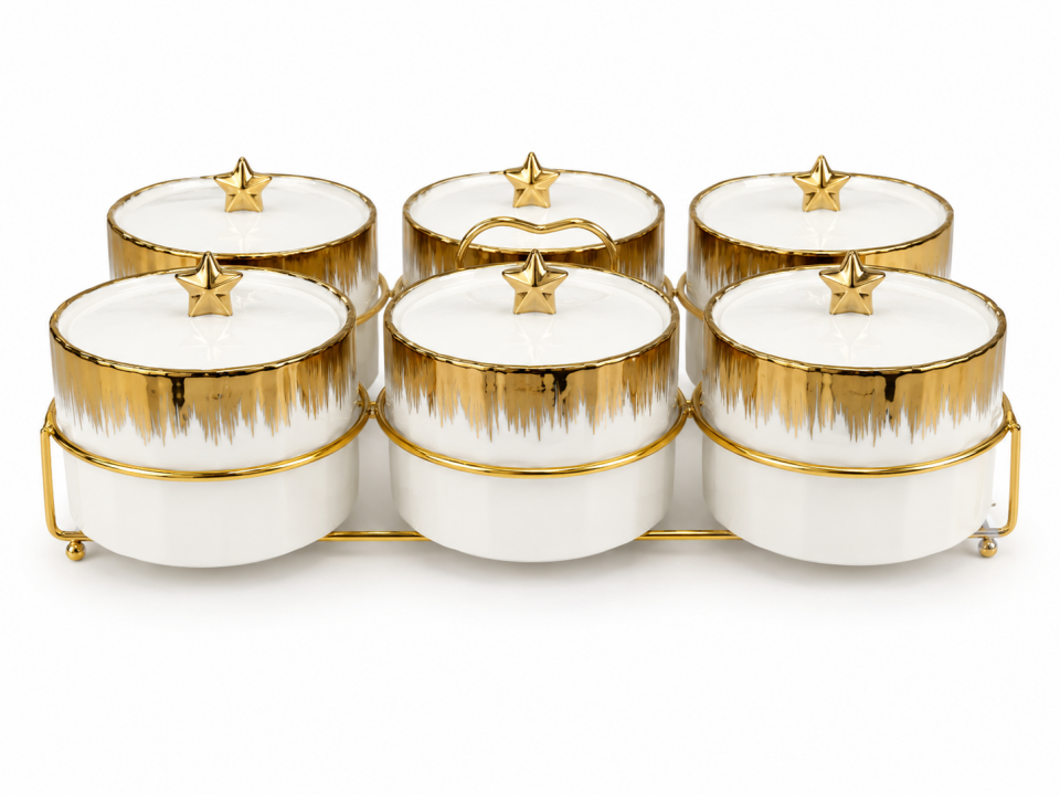 6'lı Porselen Gold Kahvaltılık Seti Kapaklı Metal Standlı Sunumluk
