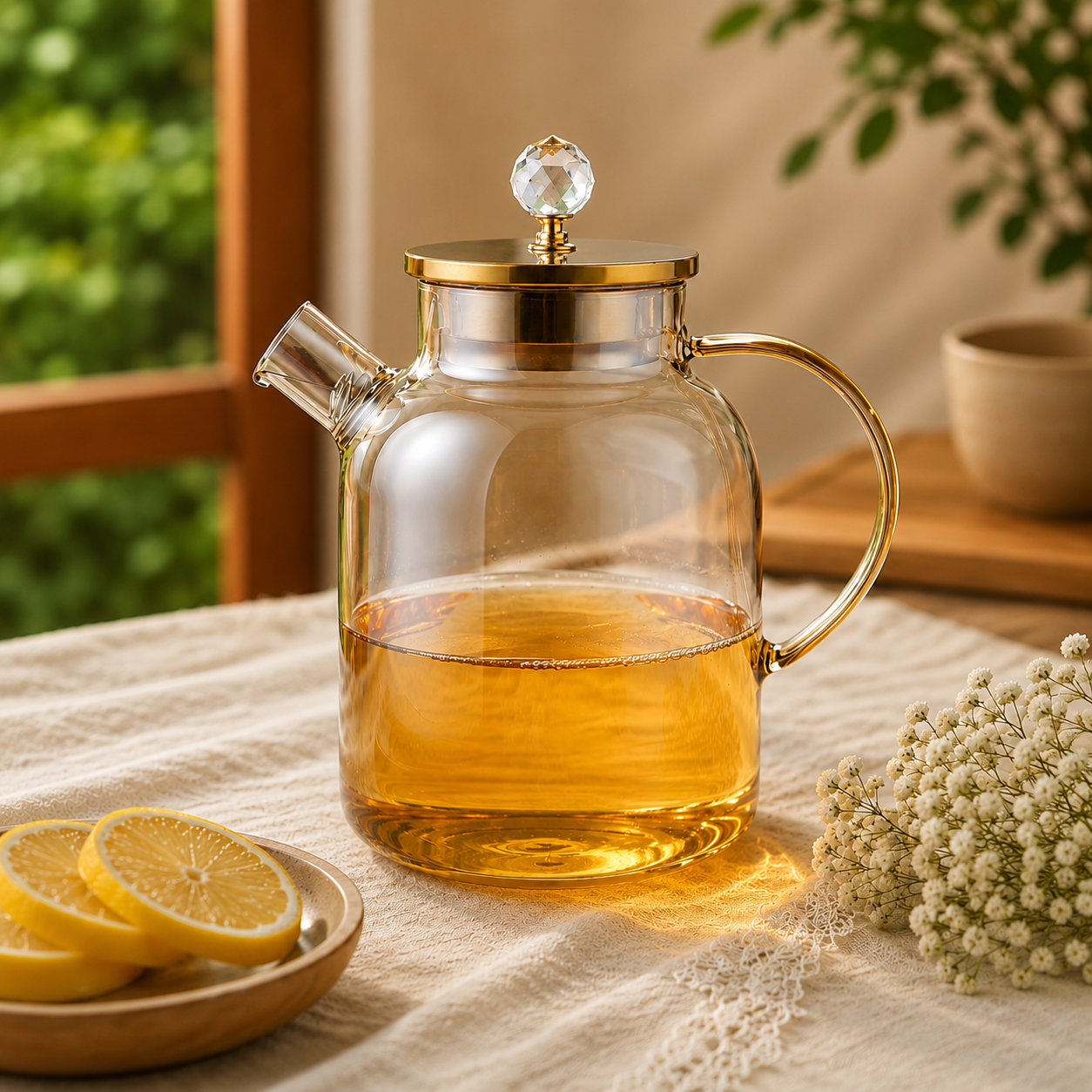 Kristal Topuzlu Borosilikat Cam Demlik Isıya Dayanıklı Bitki Çayı Demliği 1.8 Lt.