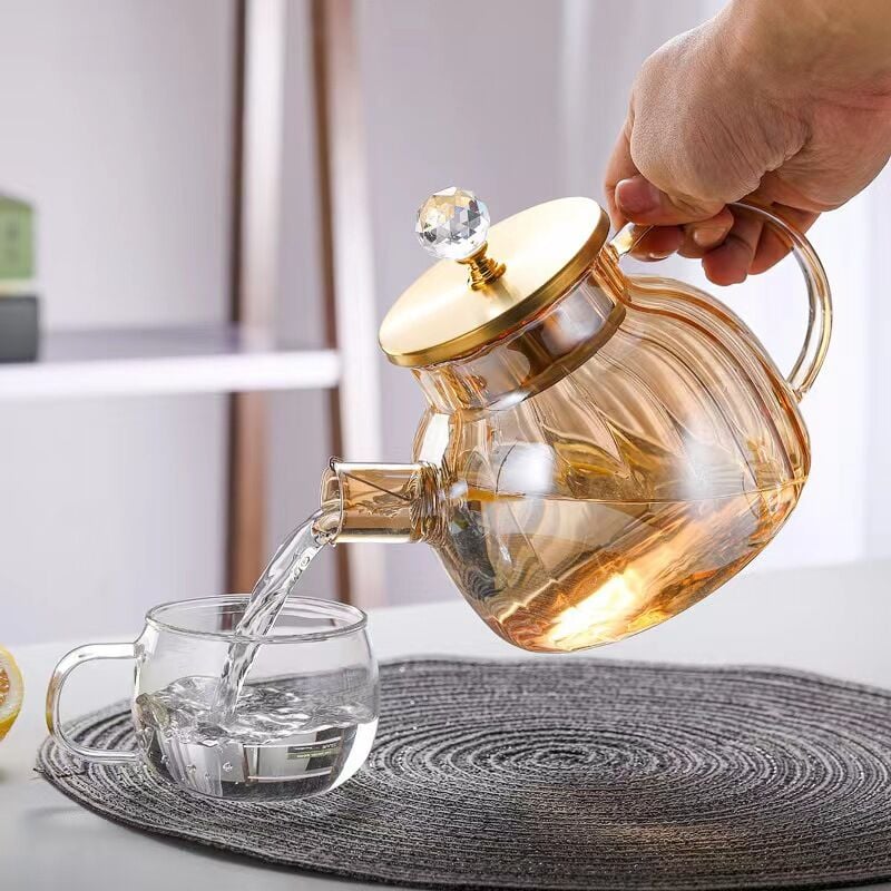 Kristal Topuzlu Borosilikat Cam Demlik Isıya Dayanıklı Bitki Çayı Demliği 1 Lt.