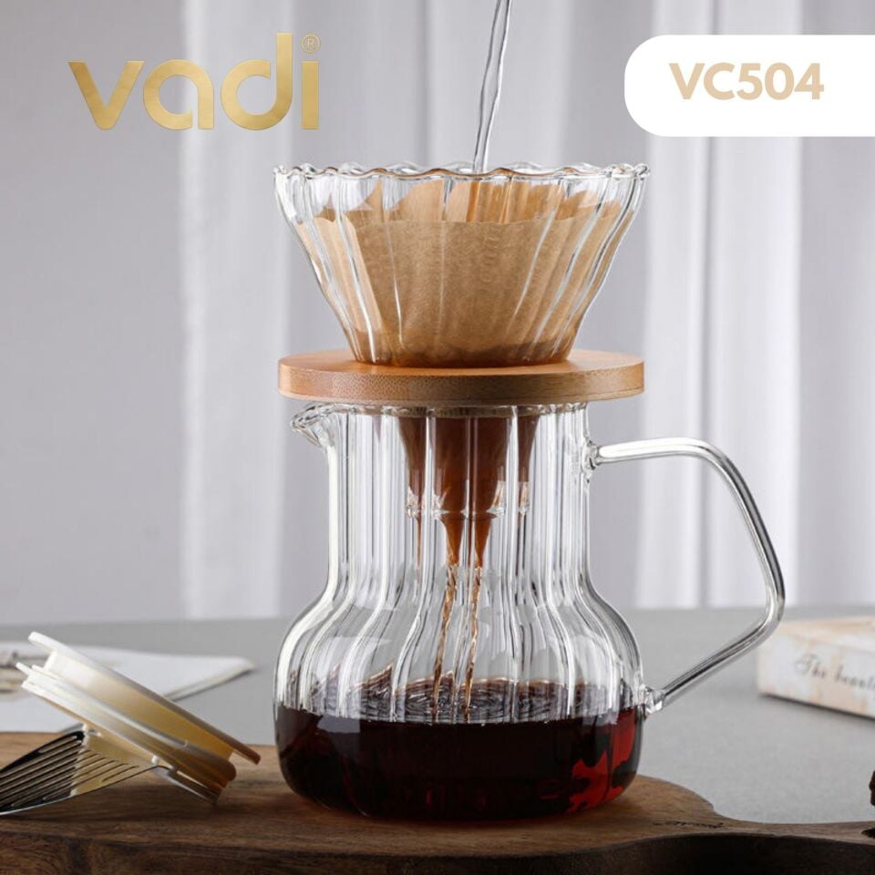 Borosilikat Cam V60 Dripper Seti Ahşap Standlı Filtre Kahve Demleme Sürahisi
