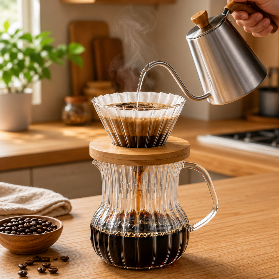 Borosilikat Cam V60 Dripper Seti Ahşap Standlı Filtre Kahve Demleme Sürahisi