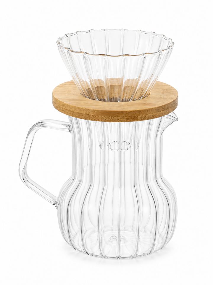 Borosilikat Cam V60 Dripper Seti Ahşap Standlı Filtre Kahve Demleme Sürahisi