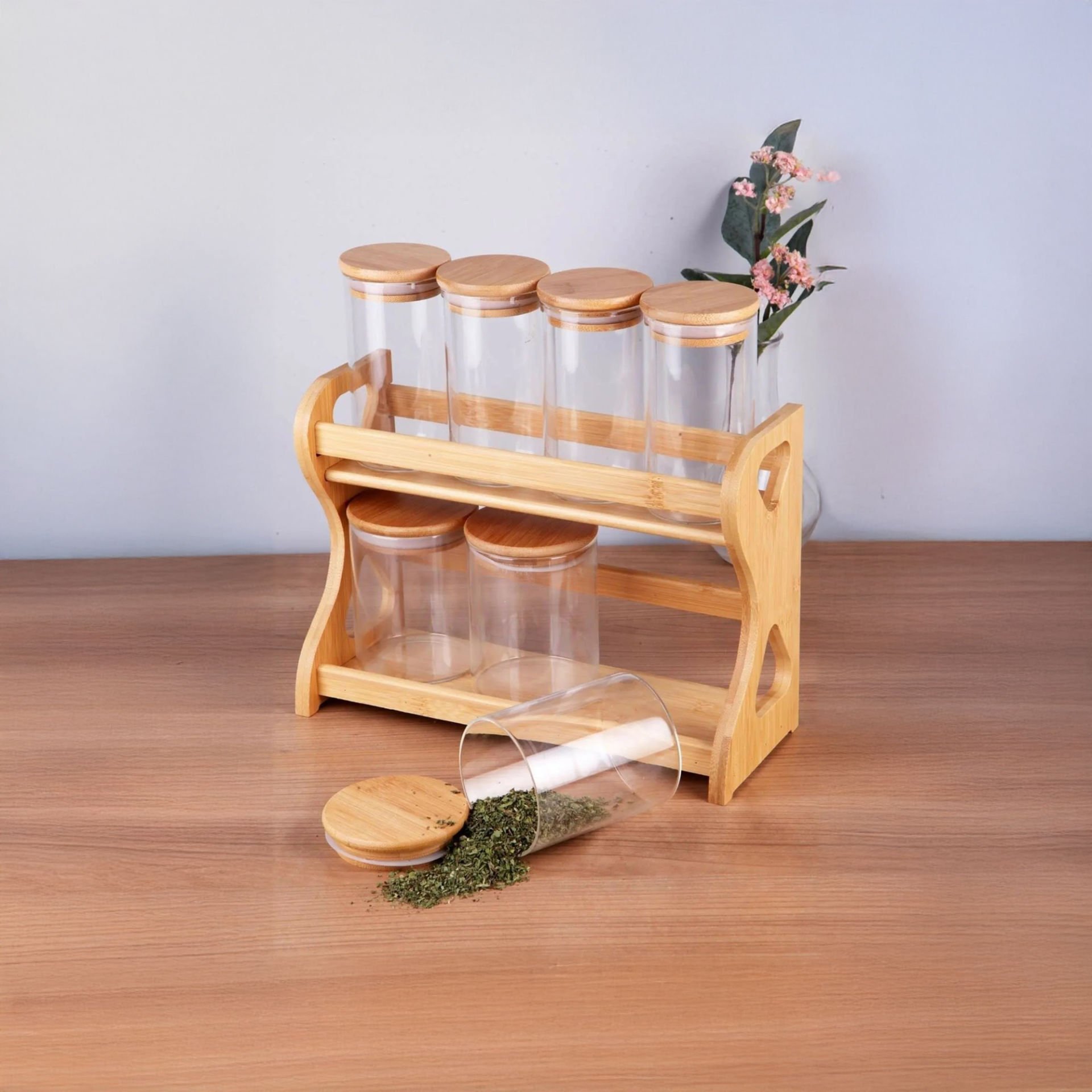 7'li Bambu Standlı Yuvarlak Borosilikat Cam Baharatlık