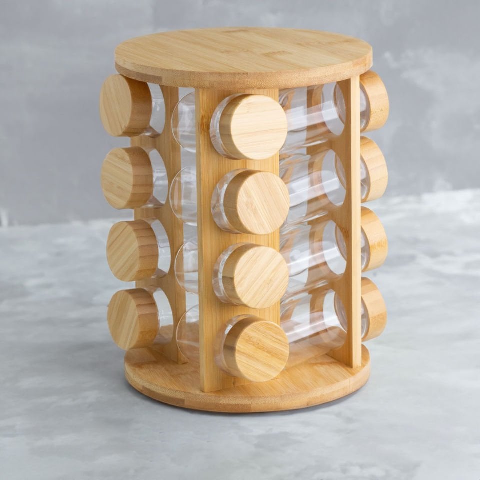 16'lı Bambu Kapaklı ve Döner Standlı Yuvarlak Borosilikat Cam Baharatlık Seti