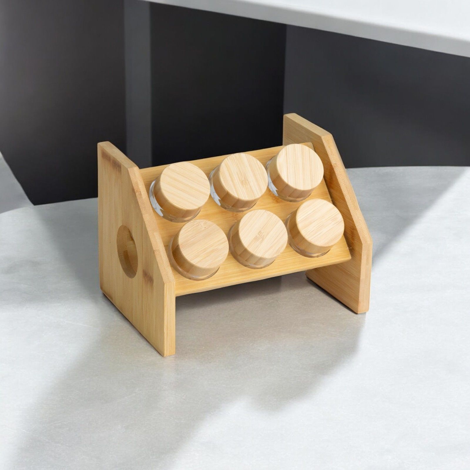 6'lı Bambu Standlı Borosilikat Cam Baharatlık Seti