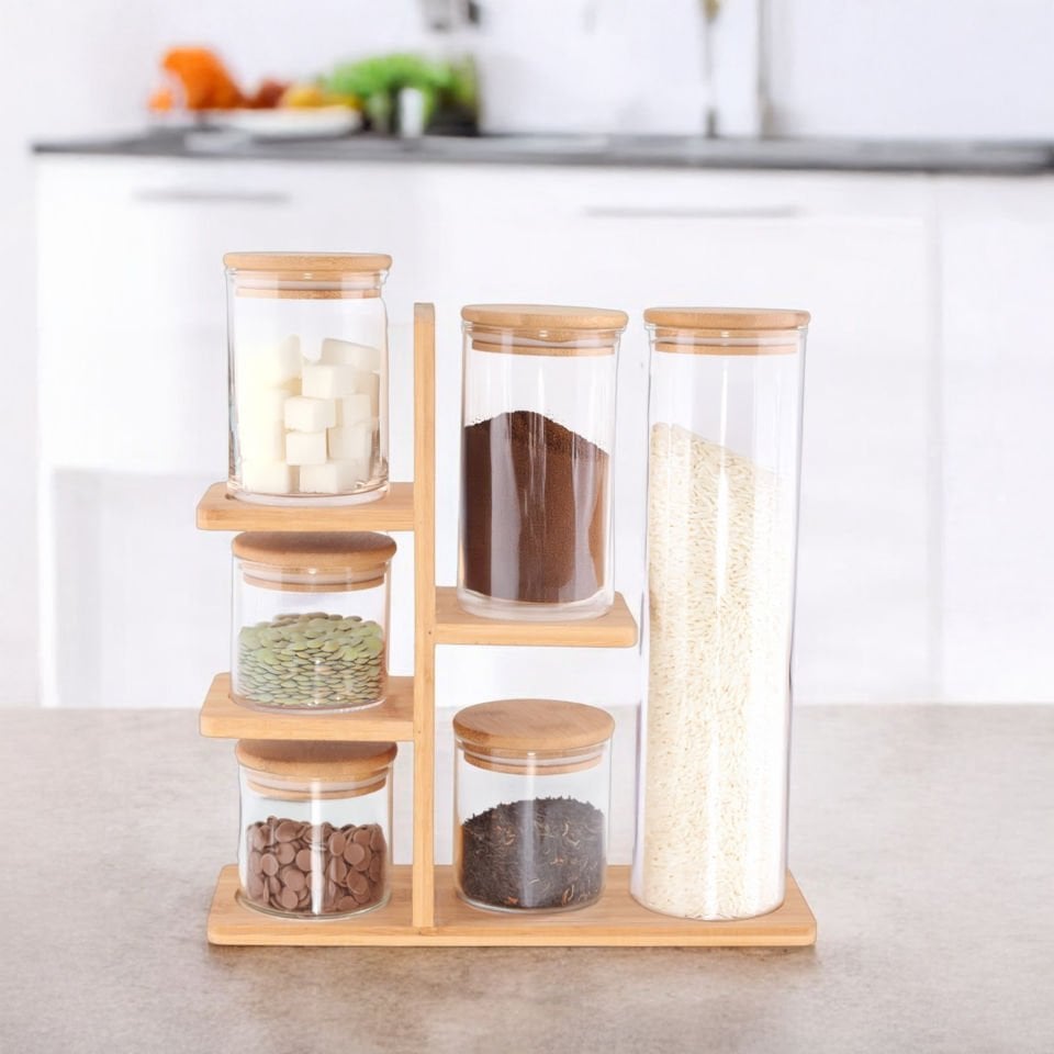 6'lı Bambu Standlı Borosilikat Cam Kavanoz Seti