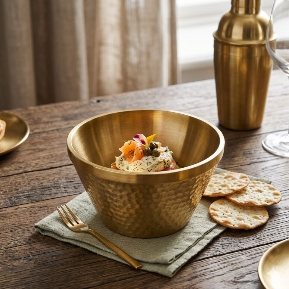 Gold Paslanmaz Çelik Dövme Desenli Sunum Kasesi Salata Meyve Servis Kasesi 14 cm