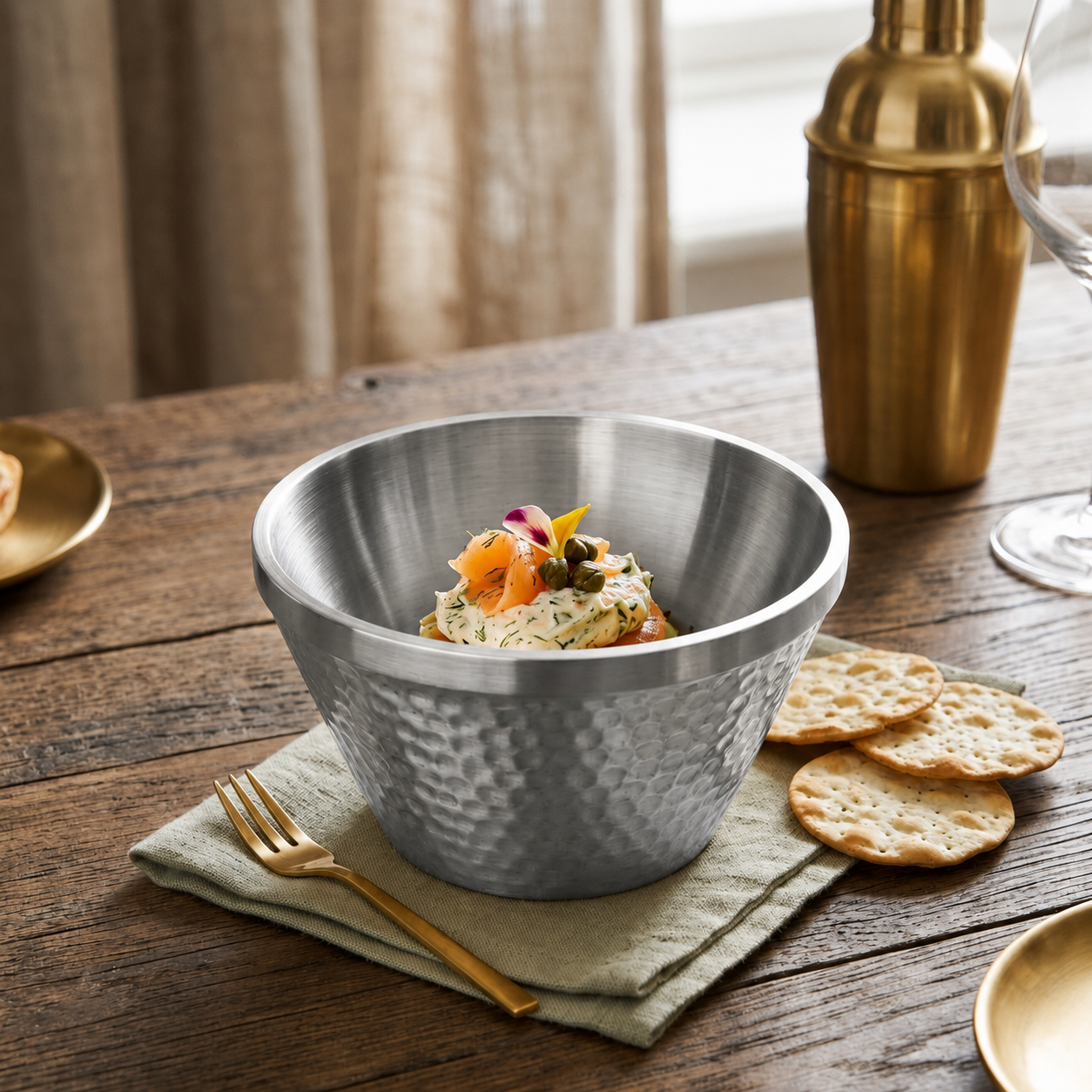 Gümüş Paslanmaz Çelik Dövme Desenli Sunum Kasesi Salata Meyve Servis Kasesi 14 cm