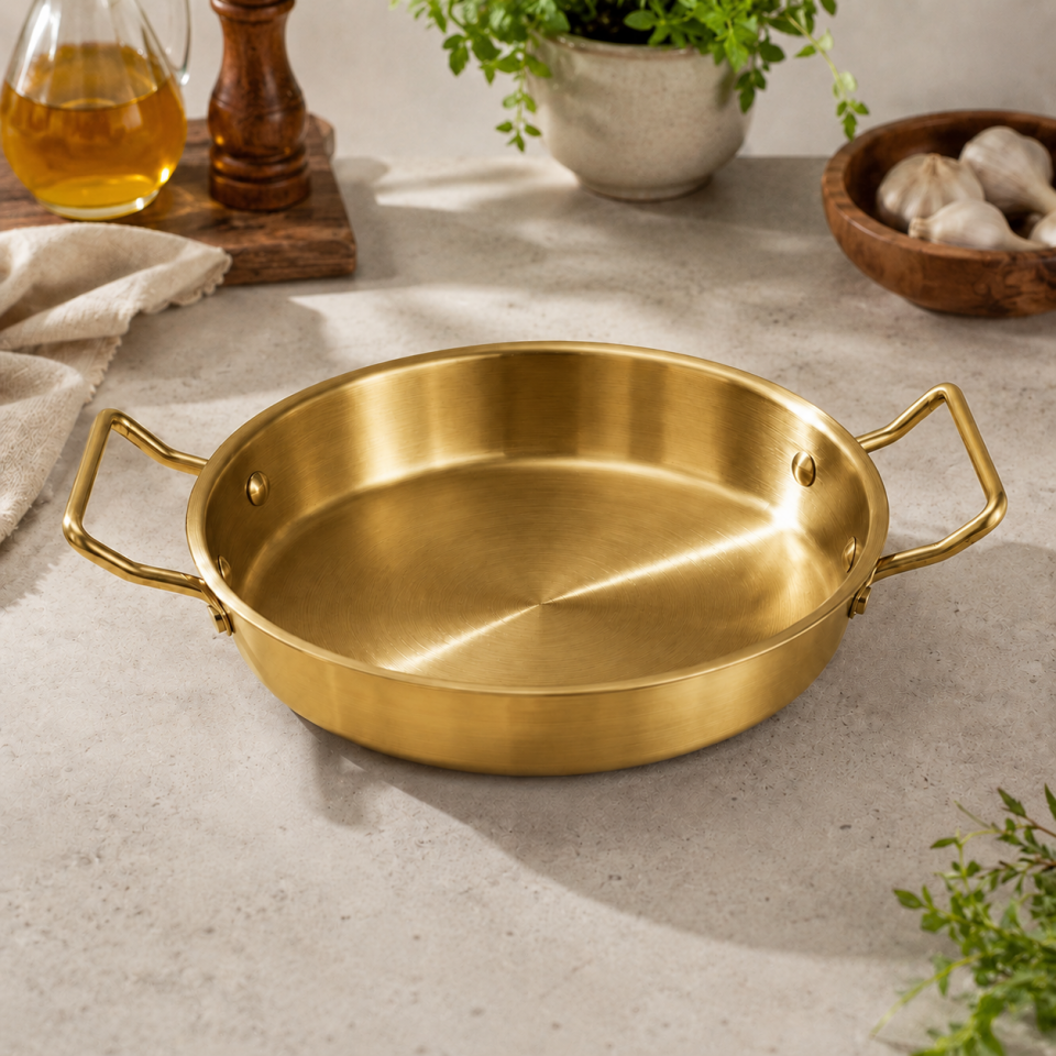 Çift Kulplu Gold Paslanmaz Çelik Yuvarlak Sunum ve Pişirme Sahanı 20 cm