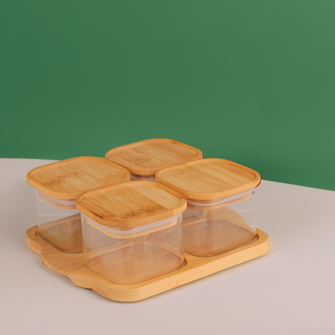 4'lü Vakumlu Bambu Kapaklı Borosilikat Cam Saklama Kabı Kahvaltılık
