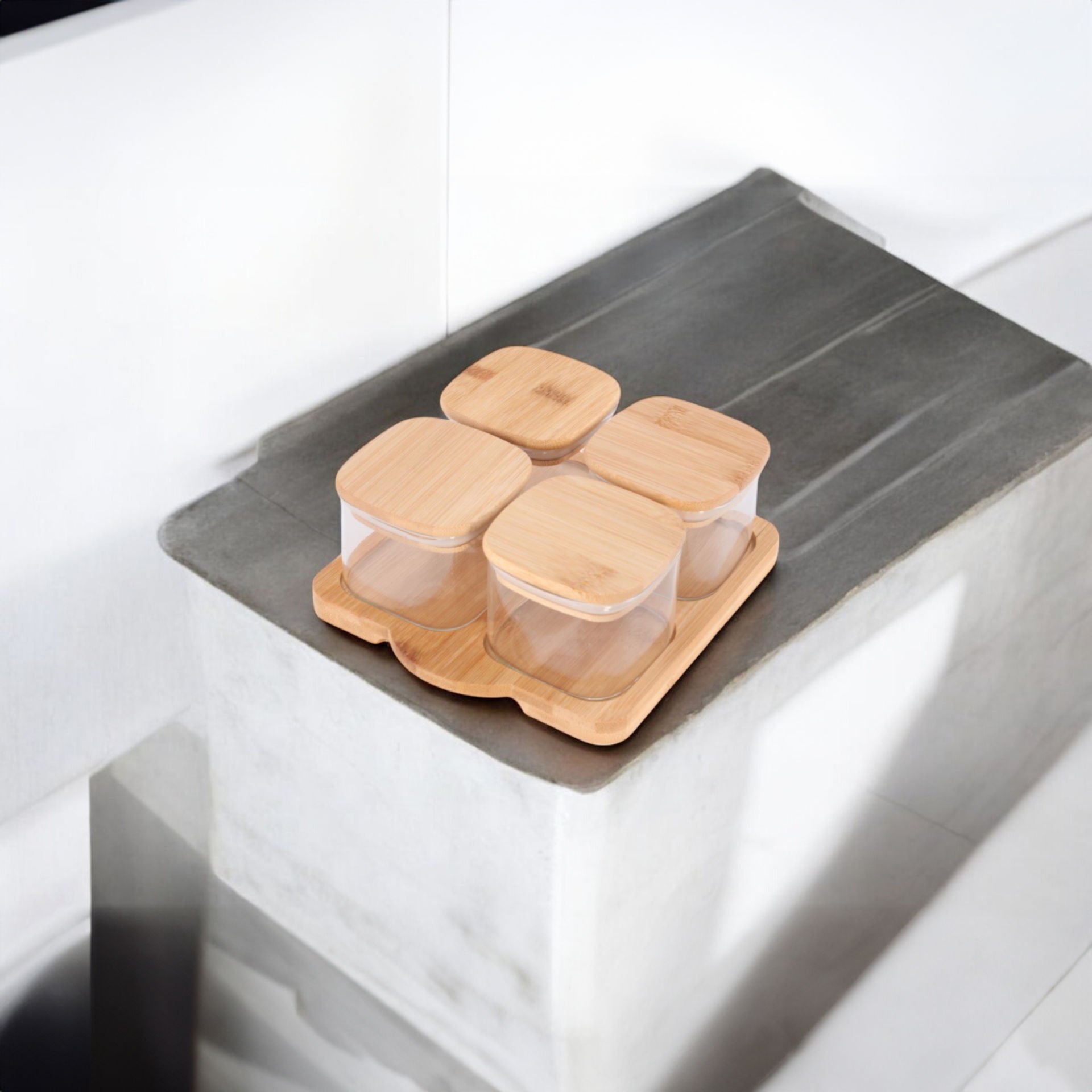 4'lü Vakumlu Bambu Kapaklı Borosilikat Cam Saklama Kabı Kahvaltılık