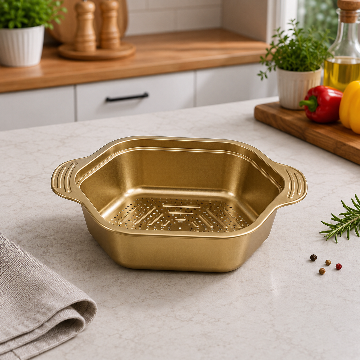 Paslanmaz Çelik Gold Sebze Meyve Pirinç Yıkama Süzgeci Delikli Çok Amaçlı Mutfak Kabı 20 cm