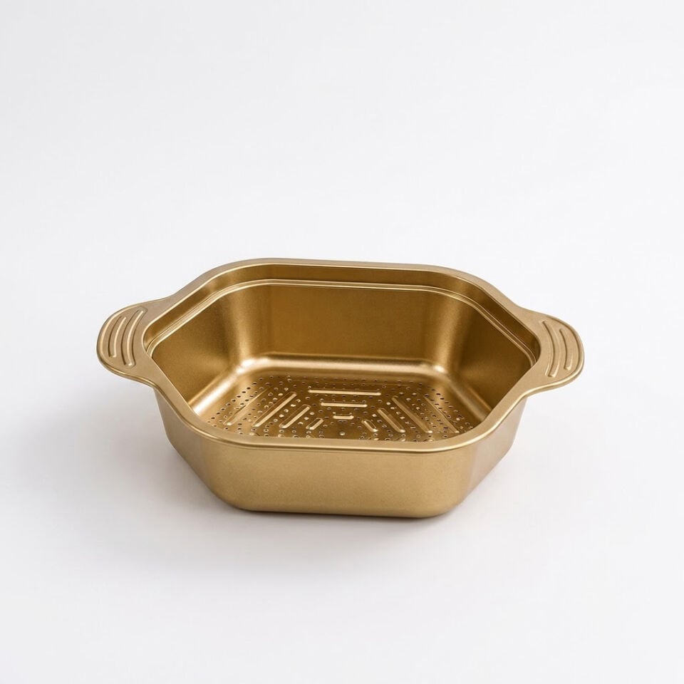 Paslanmaz Çelik Gold Sebze Meyve Pirinç Yıkama Süzgeci Delikli Çok Amaçlı Mutfak Kabı 20 cm