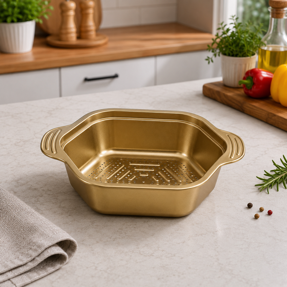 Paslanmaz Çelik Gold Sebze Meyve Pirinç Yıkama Süzgeci Delikli Çok Amaçlı Mutfak Kabı 22 cm