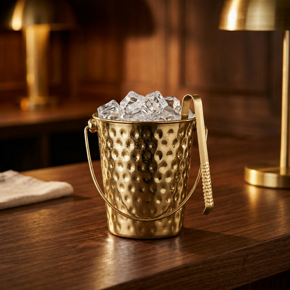 Gold Paslanmaz Çelik Dövme Görünümlü Kulplu Buz Kovası 1.5 Lt.
