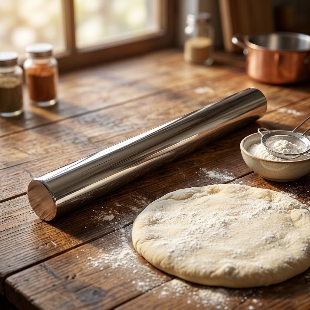 Paslanmaz Çelik Gümüş Hamur Börek Mantı Açma Oklavası Profesyonel Merdane 32 cm