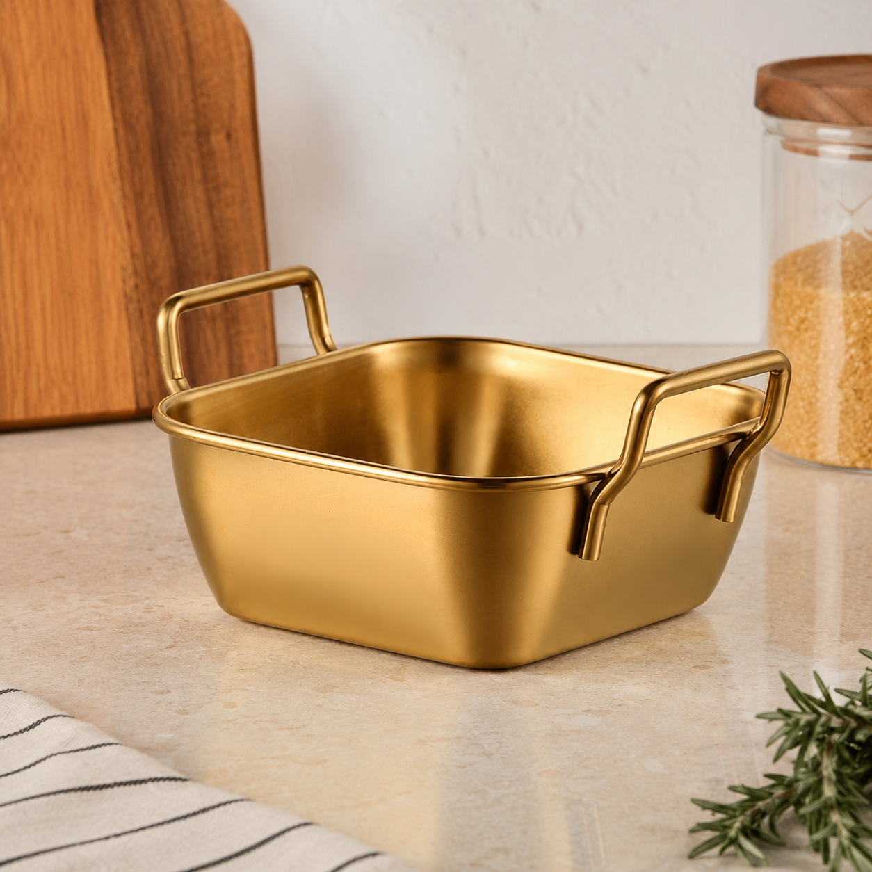 Paslanmaz Çelik Gold Kulplu Kare Mini Sahan Servis Kasesi Kahvaltılık ve Sosluk 10,5 cm