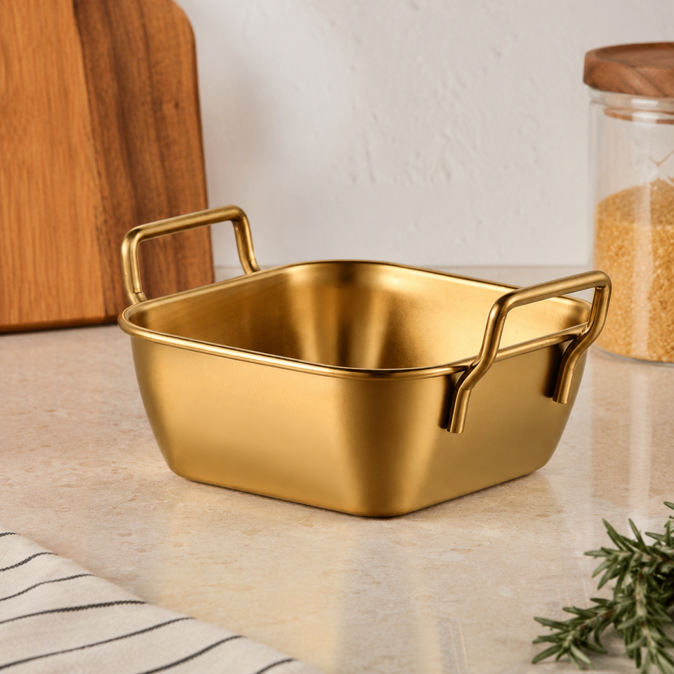 Paslanmaz Çelik Gold Kulplu Kare Mini Sahan Servis Kasesi Kahvaltılık ve Sosluk 10,5 cm
