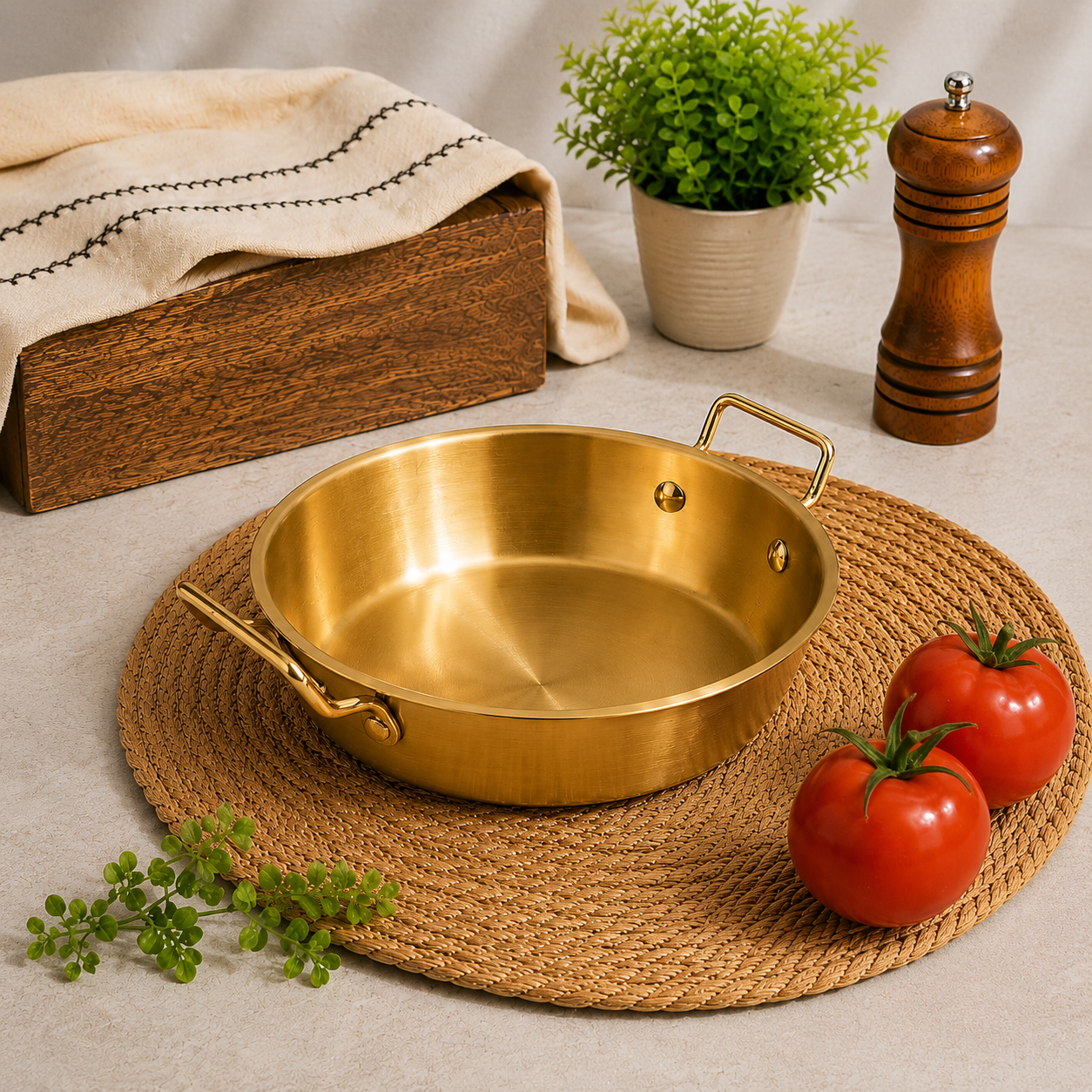 Paslanmaz Çelik Gold Kulplu Mini Sahan Servis Kasesi Kahvaltılık ve Sosluk 13 cm