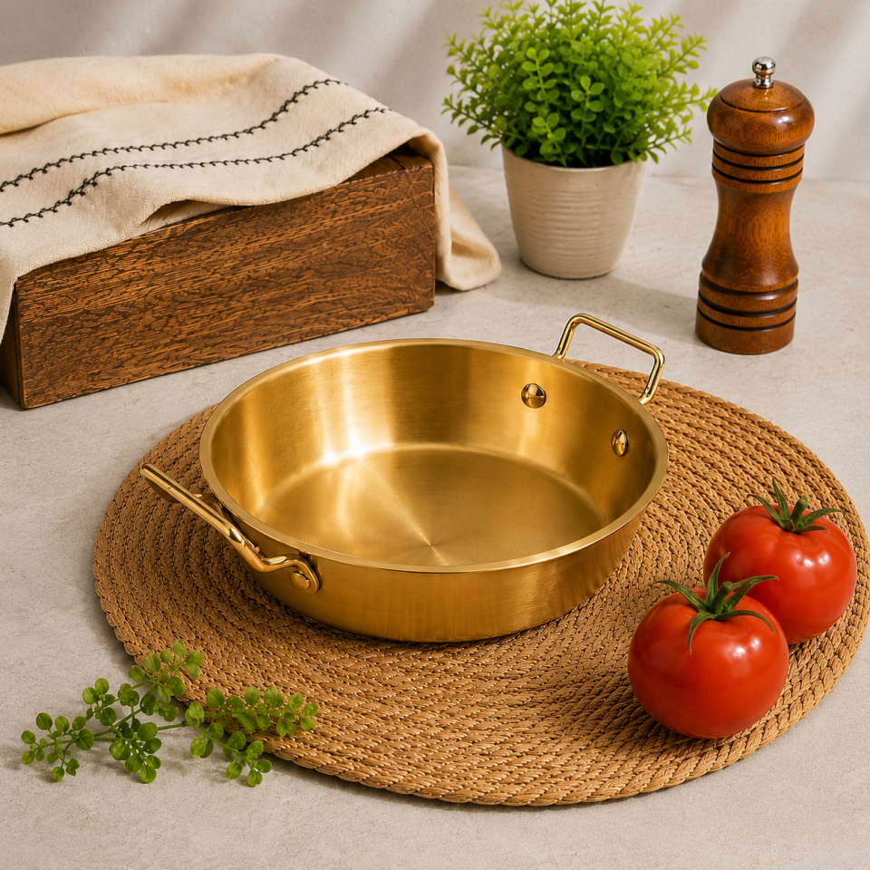Paslanmaz Çelik Gold Kulplu Mini Sahan Servis Kasesi Kahvaltılık ve Sosluk 15 cm