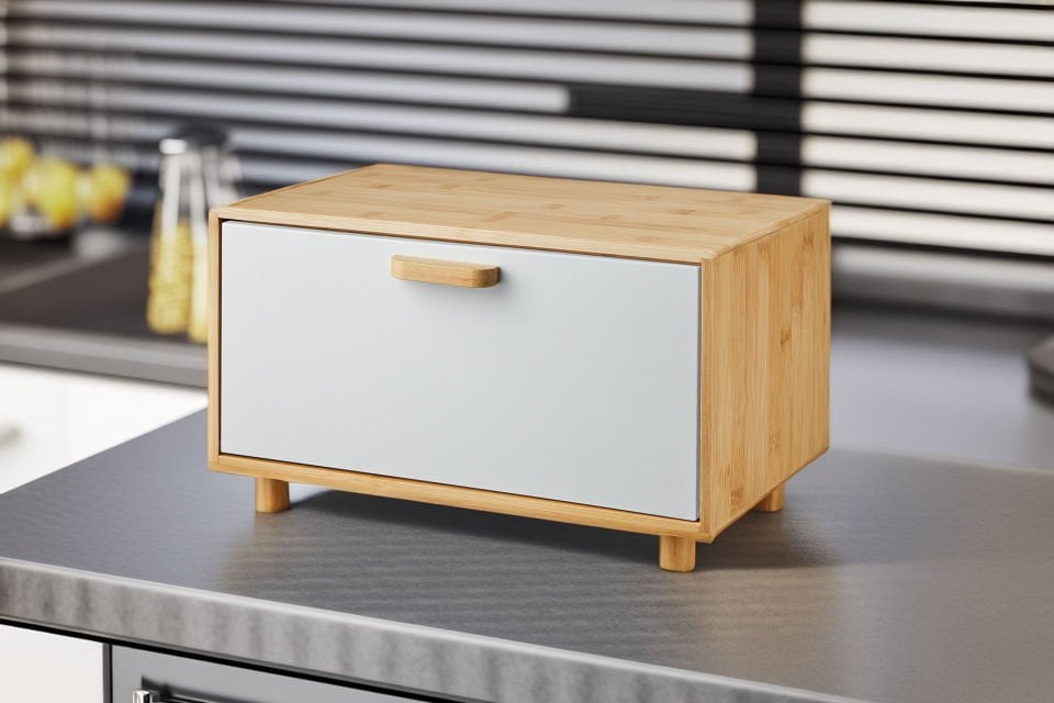 Karina Metal Kapaklı Bambu Lüks Ekmek Kutusu Ekmeklik Dikdörtgen Krem