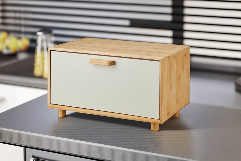 Karina Metal Kapaklı Bambu Lüks Ekmek Kutusu Ekmeklik Dikdörtgen Krem