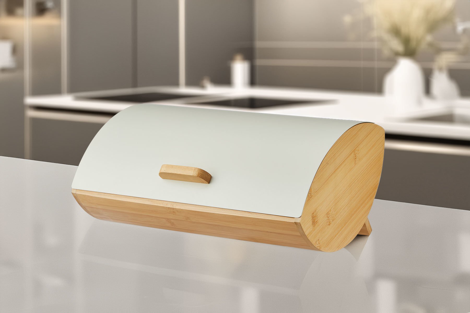 Karina Metal Kapaklı Bambu Lüks Ekmek Kutusu Ekmeklik Krem