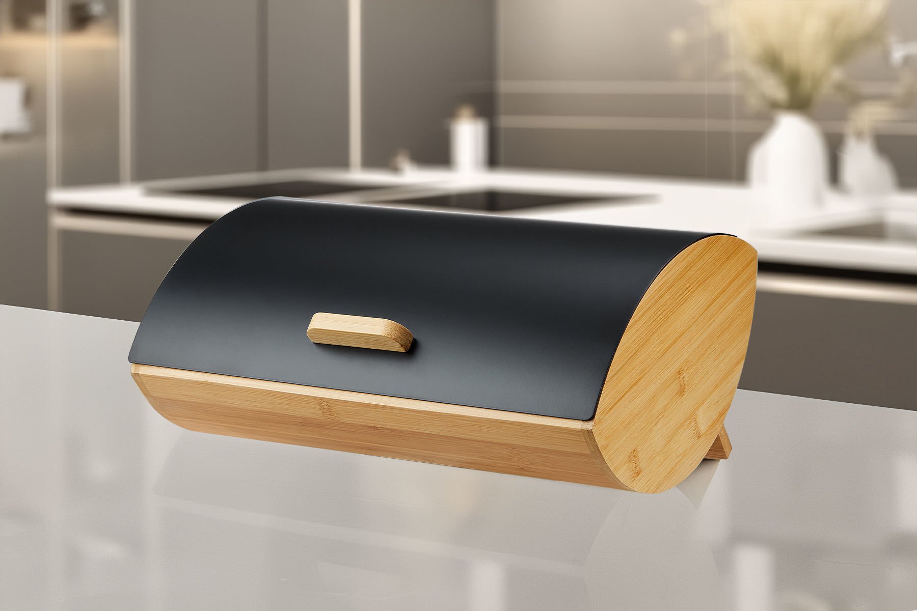 Karina Metal Kapaklı Bambu Lüks Ekmek Kutusu Ekmeklik Siyah