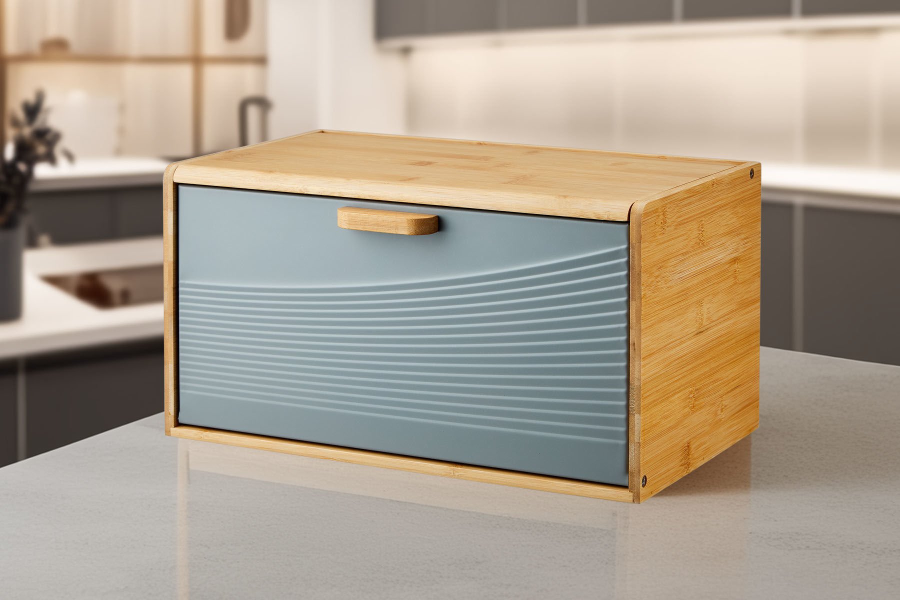 Karina Metal Kapaklı Bambu Lüks Ekmek Kutusu Ekmeklik Dikdörtgen Gri