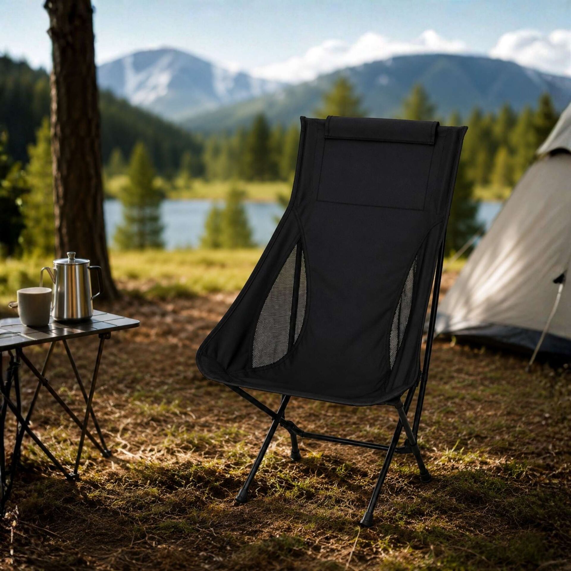 Yüksek Sırtlı Katlanabilir Kamp Sandalyesi Outdoor Piknik Balıkçı Koltuğu Taşınabilir Siyah