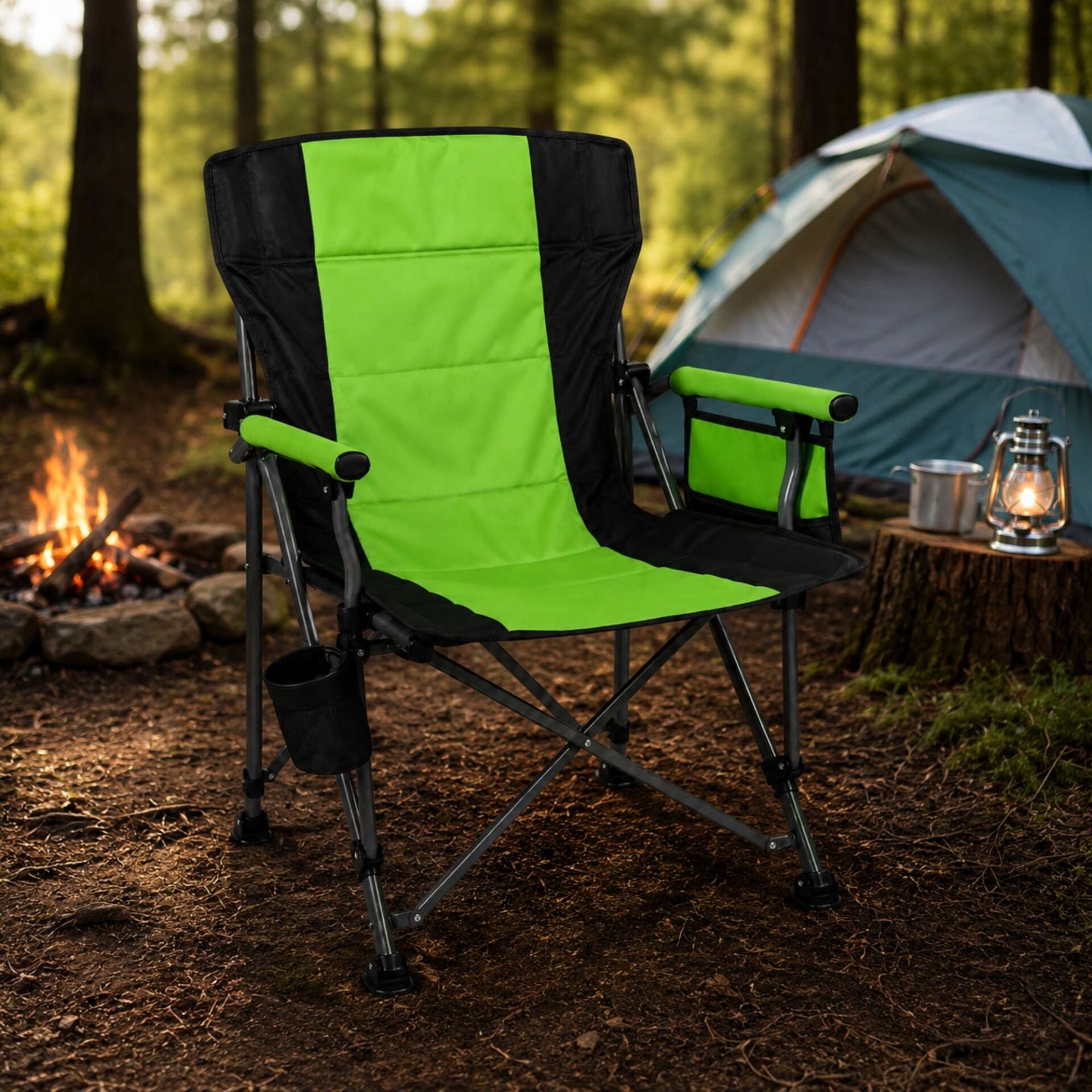 Kollu Katlanabilir Kamp Sandalyesi Bardaklıklı Outdoor Piknik Balıkçı Bahçe Koltuğu Yeşil