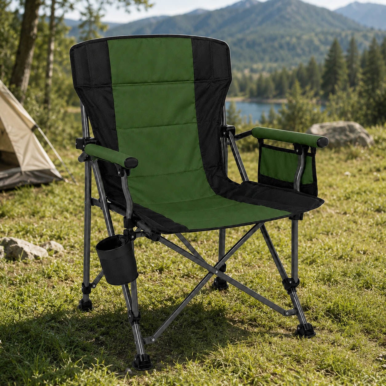 Kollu Katlanabilir Kamp Sandalyesi Bardaklıklı Outdoor Piknik Balıkçı Bahçe Koltuğu Yeşil