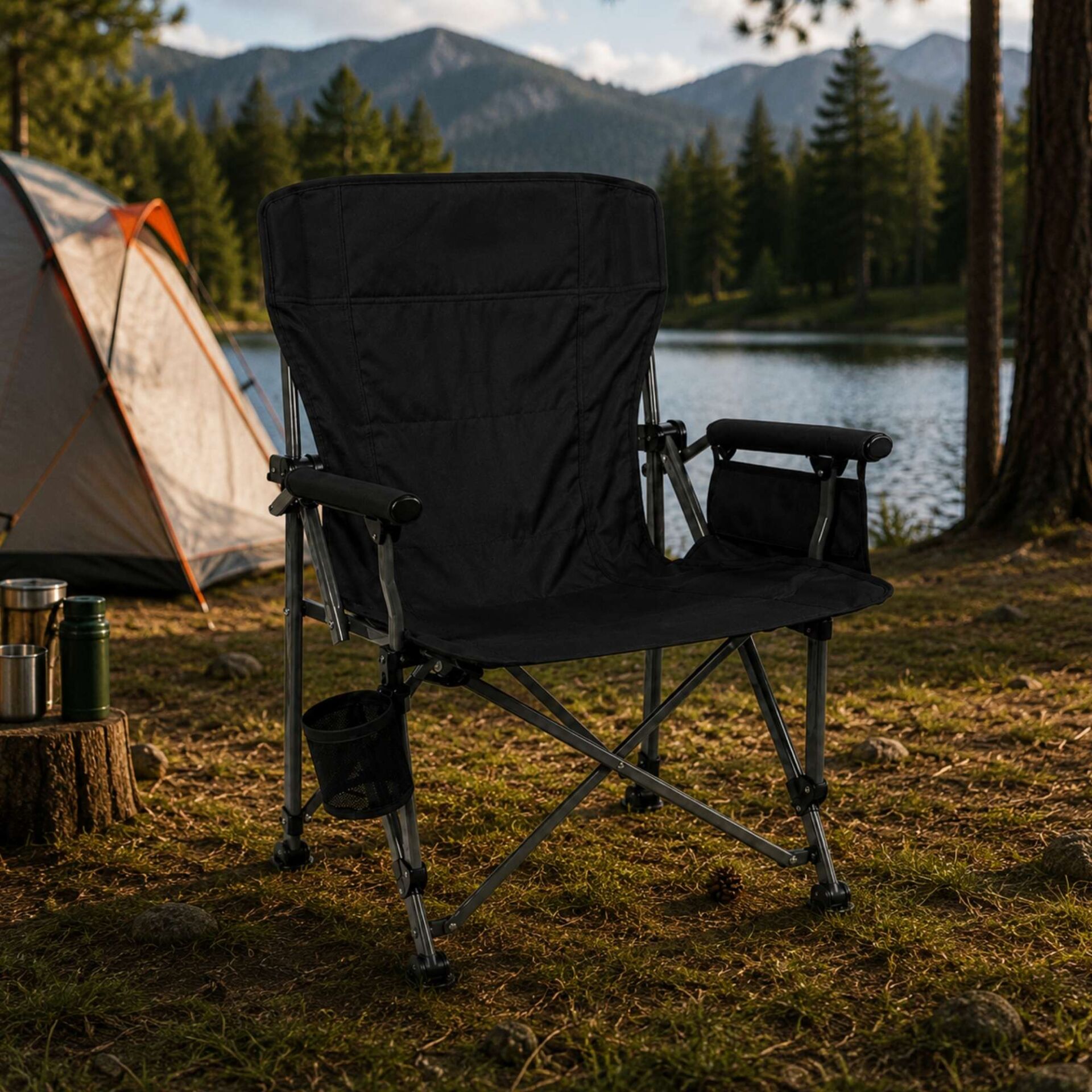 Kollu Katlanabilir Kamp Sandalyesi Bardaklıklı Outdoor Piknik Balıkçı Bahçe Koltuğu Siyah