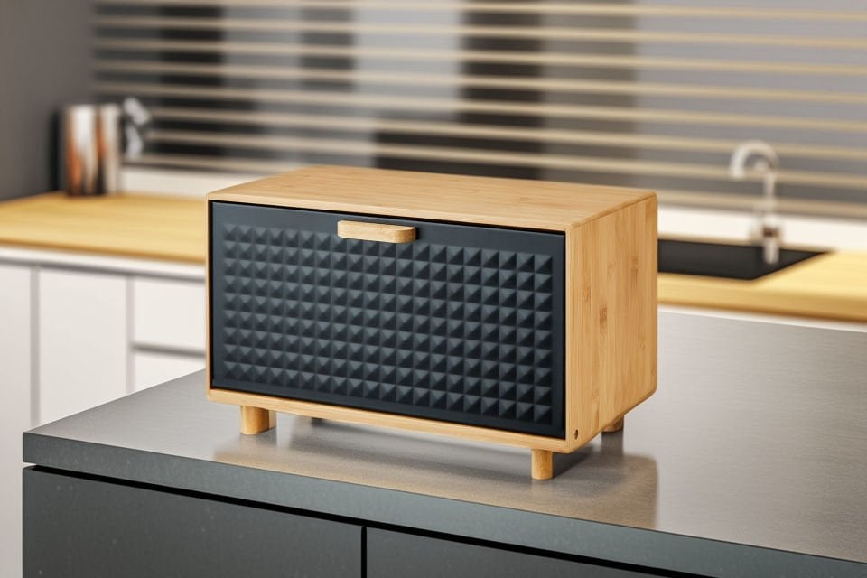 Karina Metal Kapaklı Bambu Lüks Ekmek Kutusu Ekmeklik Dikdörtgen