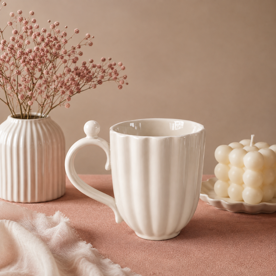 Pearl Porselen Kupa Bardak İnci Detaylı Kulplu Beyaz Kahve Çay Kupası