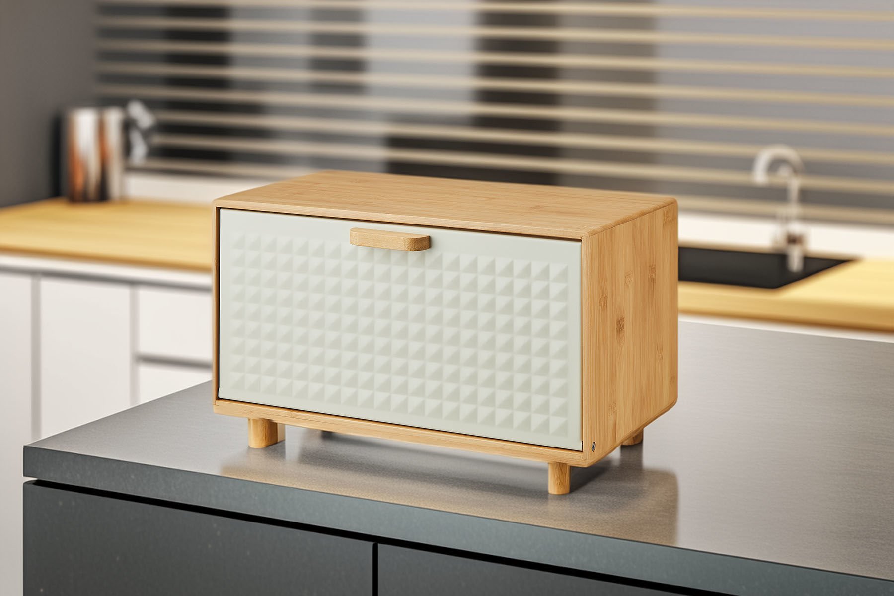 Karina Metal Kapaklı Bambu Lüks Ekmek Kutusu Ekmeklik Dikdörtgen Krem