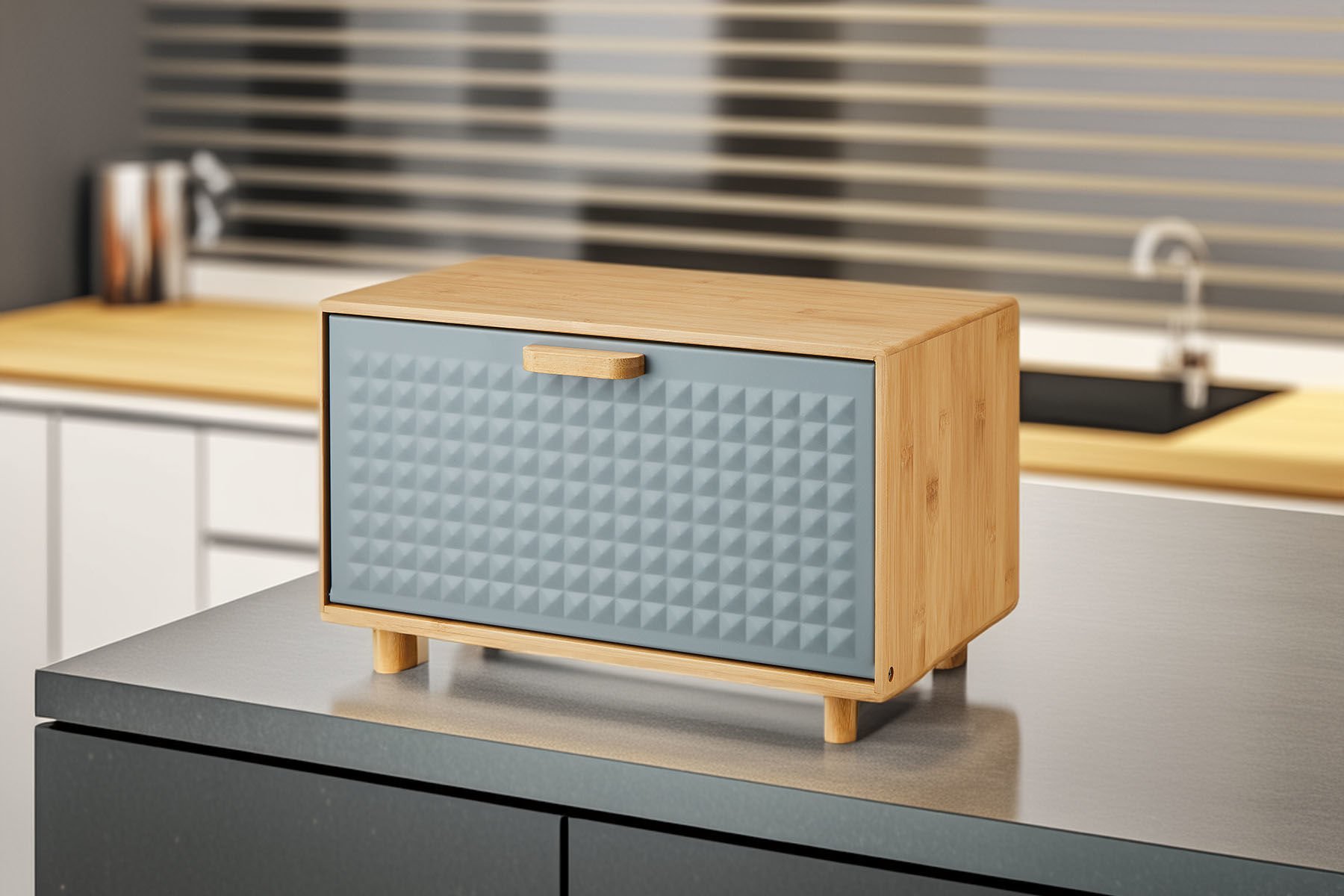 Karina Metal Kapaklı Bambu Lüks Ekmek Kutusu Ekmeklik Dikdörtgen Gri