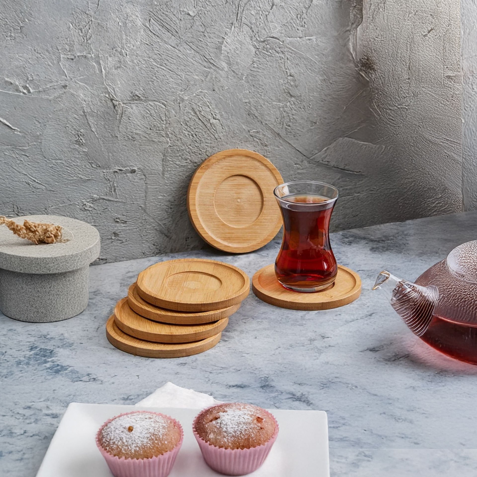 Vadi Bambu Çay Tabağı 6'lı Set – Doğal Ahşap Yuvarlak Sunum Altlık Tabak Bardak Altlığı