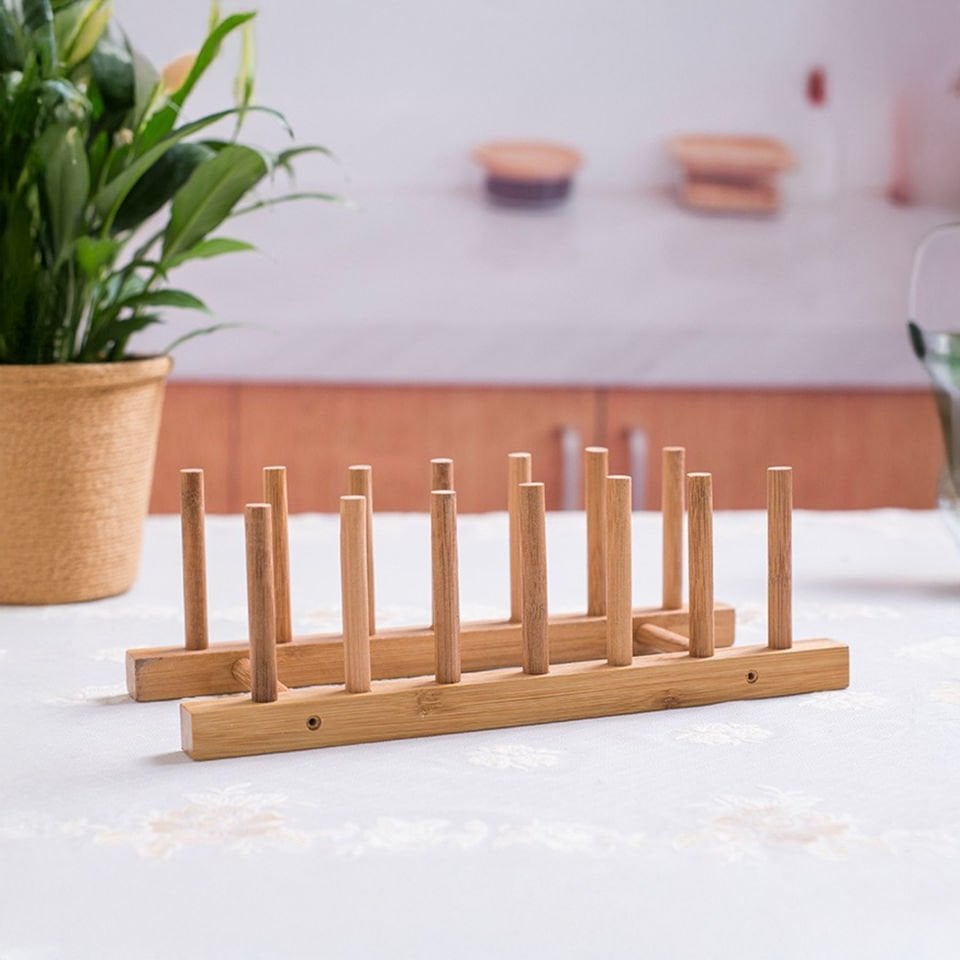 Vadi Bambu Tabaklık ve Bardaklık 10 Gözlü – Doğal Ahşap Dikey Kurutmalık Düzenleyici Raf