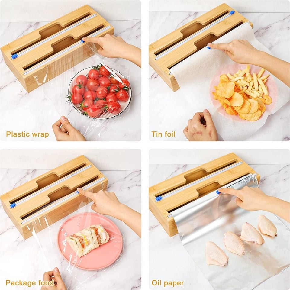 Vadi Bambu Streç ve Folyo Düzenleyici Kesici Aparatlı Çift Gözlü Mutfak Dispenseri