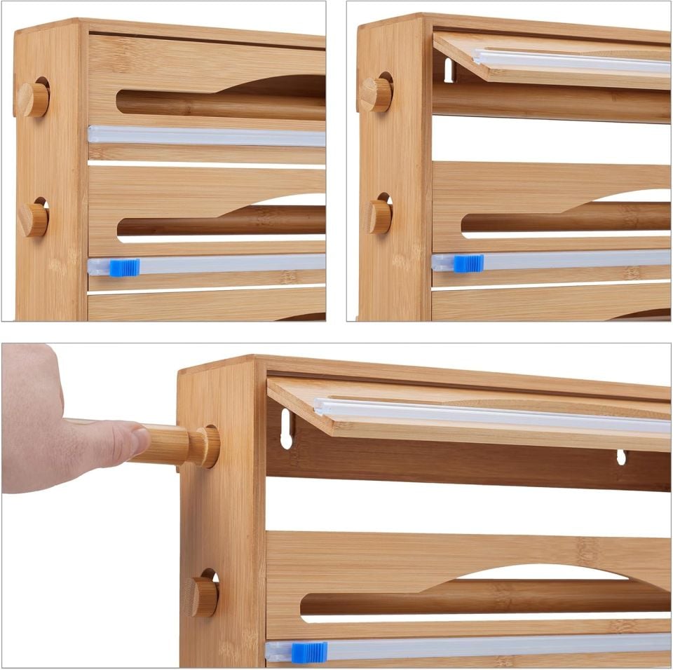 3 Gözlü Bambu Streç Folyo Yağlı Kağıt Düzenleyici Kesici Organizer Çekmece İçi Dispenser