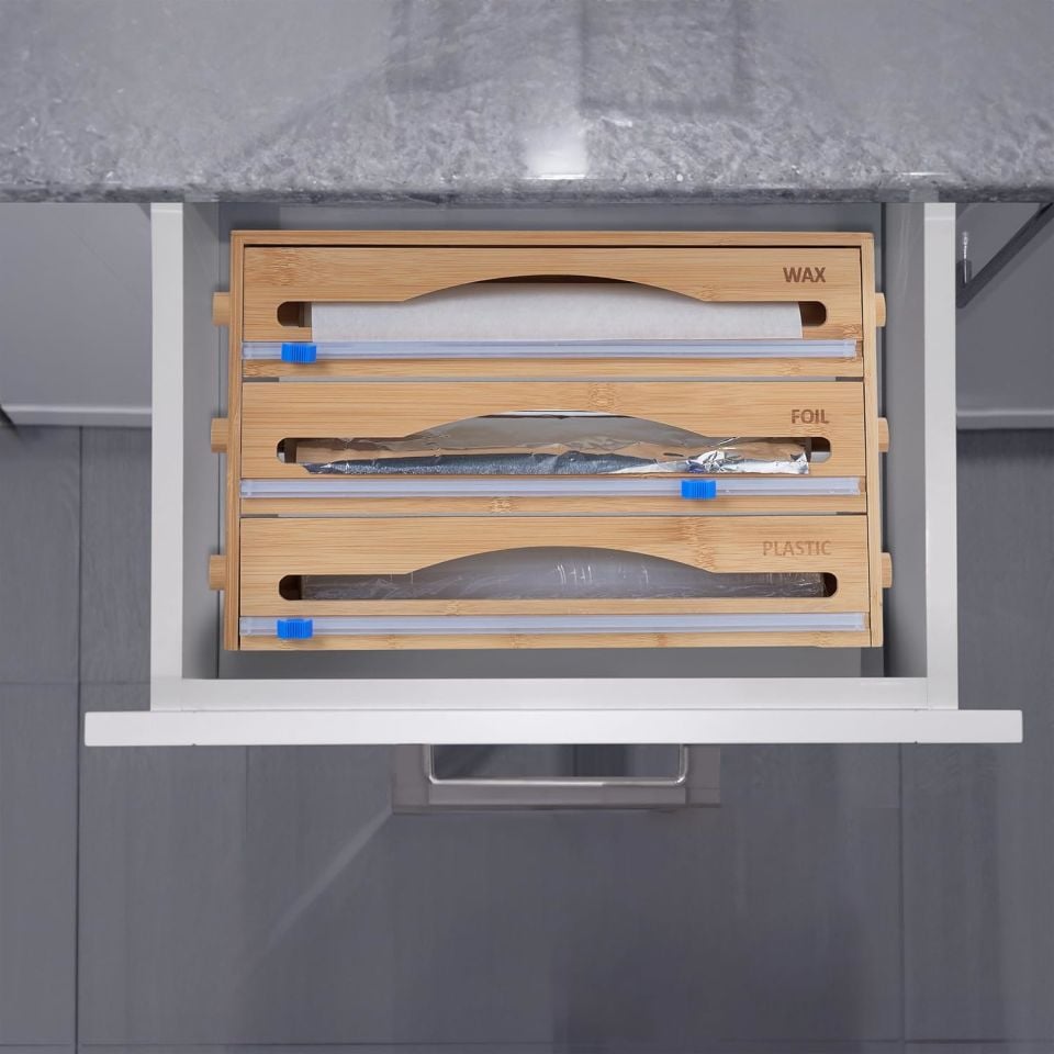 3 Gözlü Bambu Streç Folyo Yağlı Kağıt Düzenleyici Kesici Organizer Çekmece İçi Dispenser