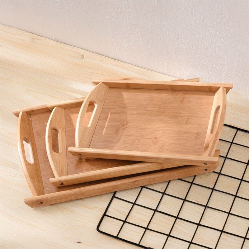 Kulplu 3’lü Bambu Tepsi Seti Servis ve Sunum Tepsisi Doğal Ahşap