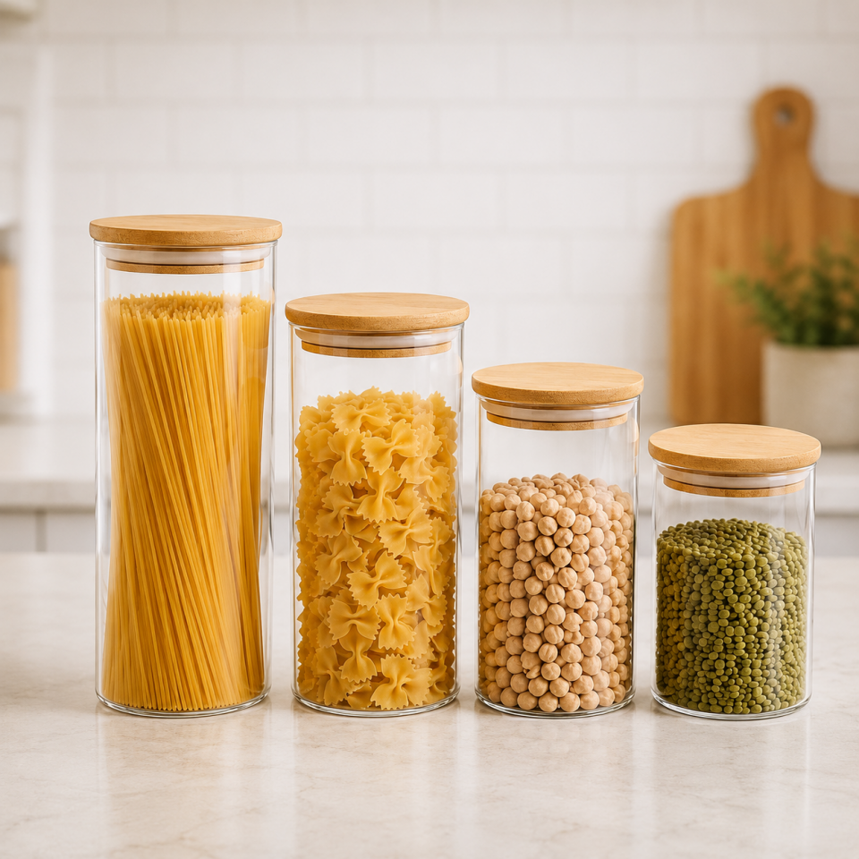 4'lü Borosilikat Cam Saklama Kavanozu Bambu Kapaklı Mutfak