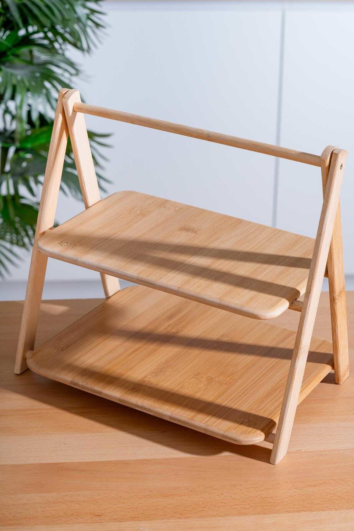 2 Katlı Bambu Kurabiyelik | Sunum ve Servis İçin Doğal Ahşap Katlı Stand