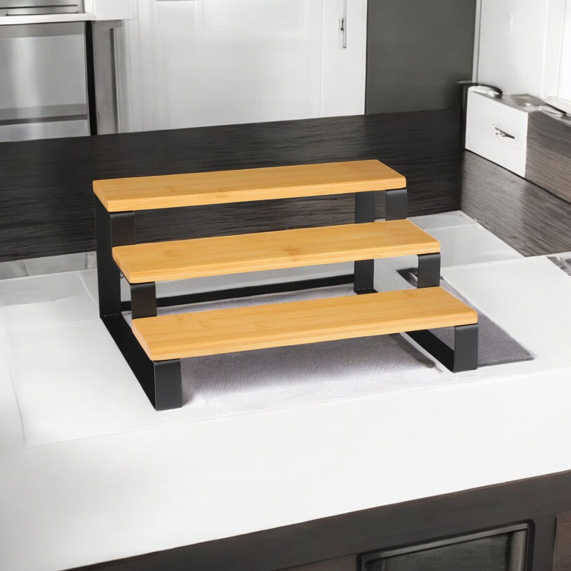 3 Katlı Bambu Metal Baharatlık Raf