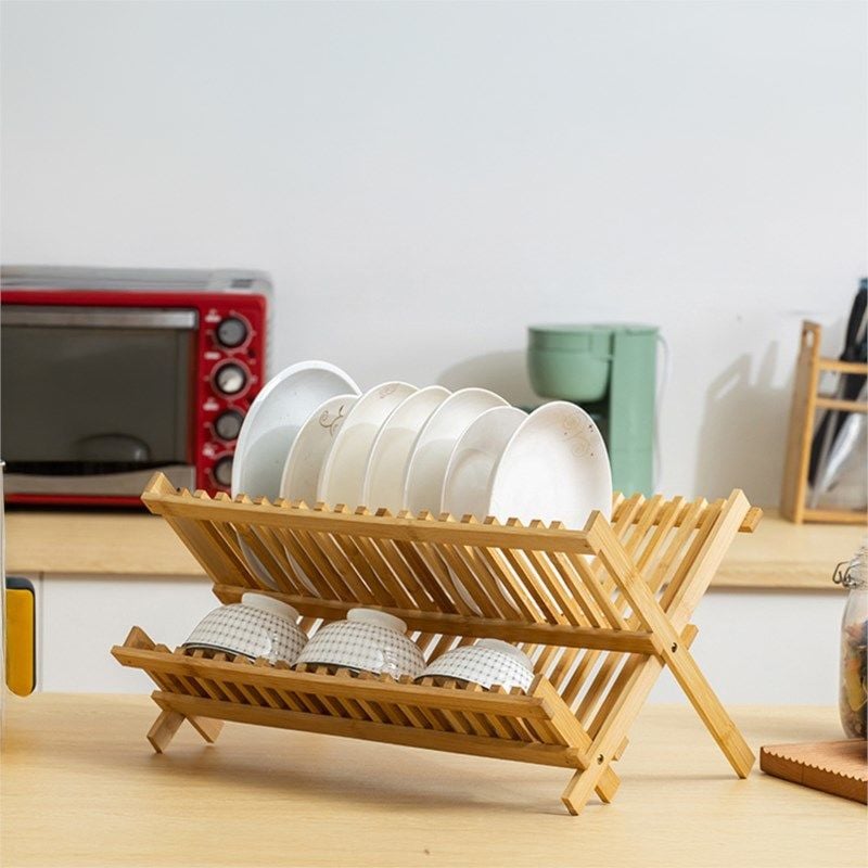 Katlanabilir Doğal Bambu Bulaşıklık – 2 Katlı Tabak ve Bardak Kurutma Rafı