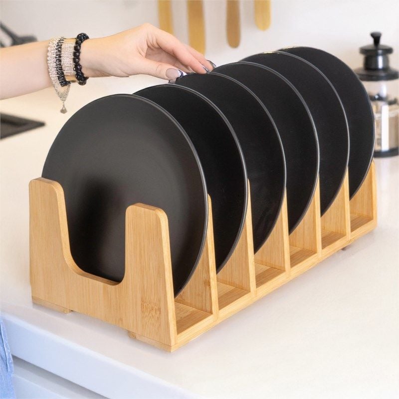 Vadi Bambu Tabak Düzenleyici Stant Raf – Mutfak İçin 6 Bölmeli Doğal Tabaklık Organizer