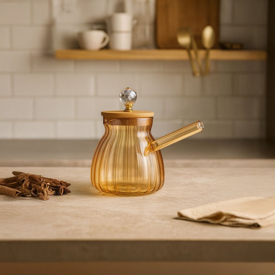 Ahşap Kapaklı ve Kristal Topuzlu Isıya Dayanıklı Borosilikat Sarı Cam Cezve
